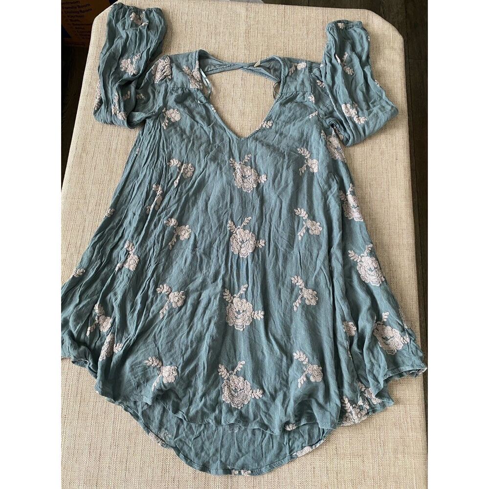 FREE PEOPLE Emma's Embroidered Dress in Misty Green Back Cut Out Detail XS TP